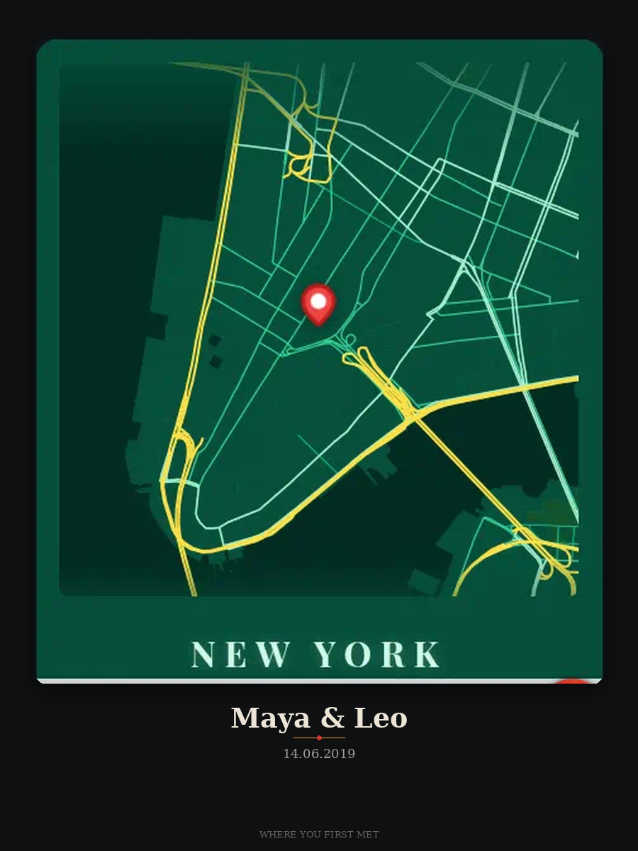 Personalized anniversary map gift example — where you first met, with names and date