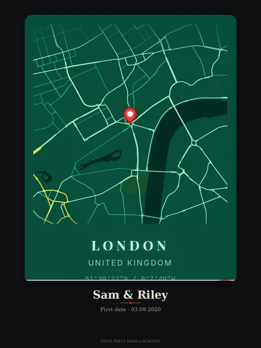 Personalized anniversary map gift example — your first date location, with names and date